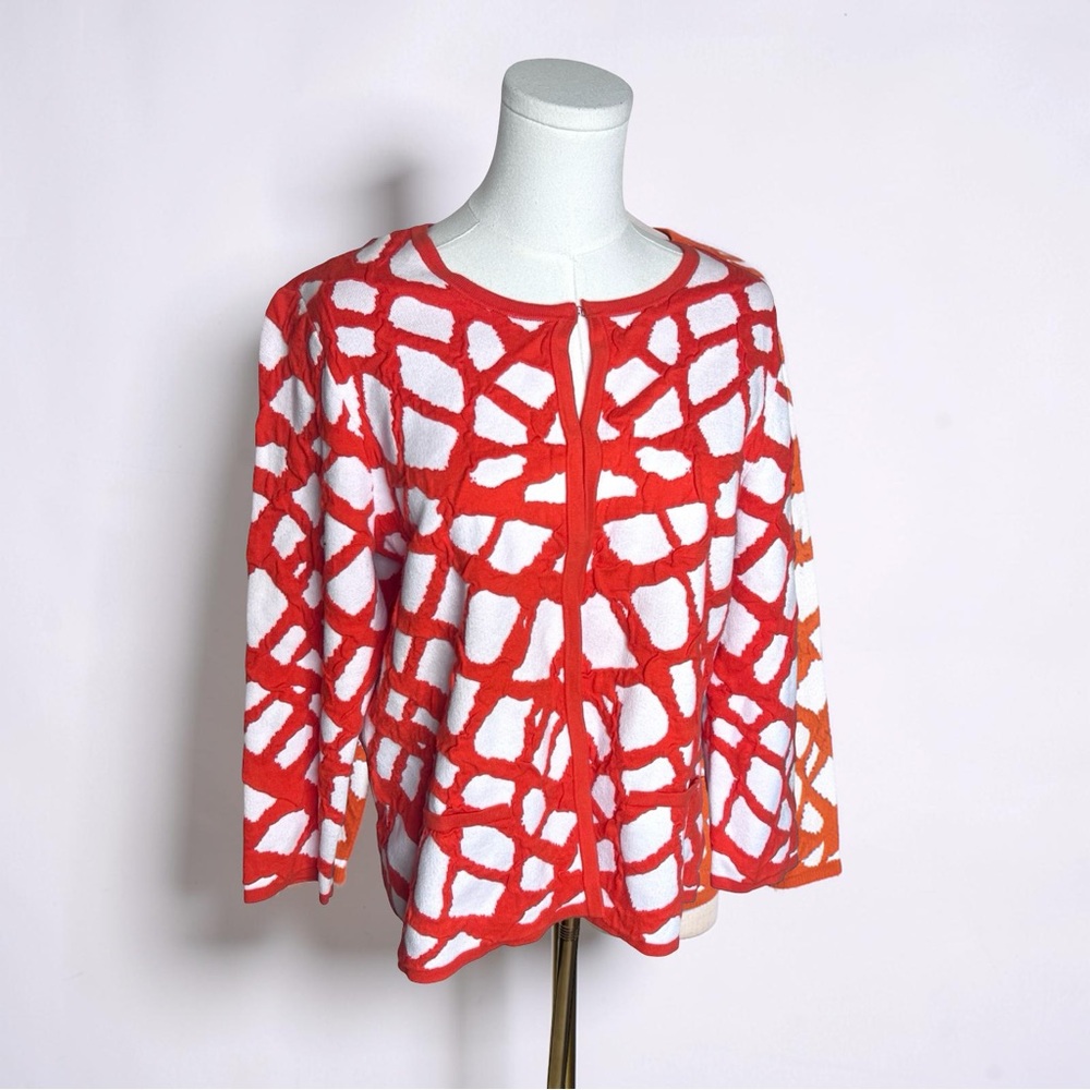 Kasper Size M Orange and White Abstract Pattern Cardigan Cotton Blend GUC